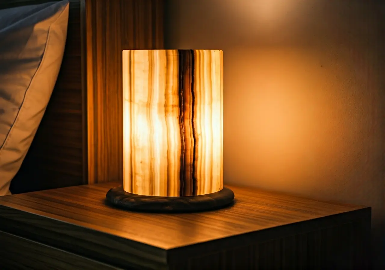 A warm-lit onyx lamp on a modern wooden nightstand. 35mm stock photo