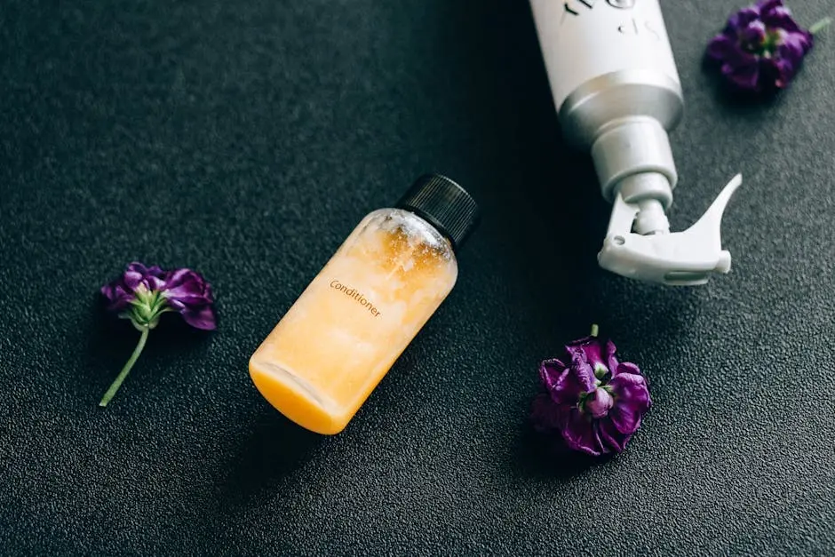 Elegant flat lay of conditioner and spray bottle with vibrant purple flowers on dark background.