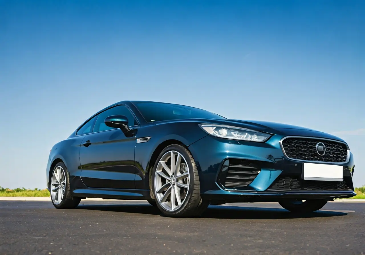 A shiny, freshly detailed car under a clear blue sky. 35mm stock photo
