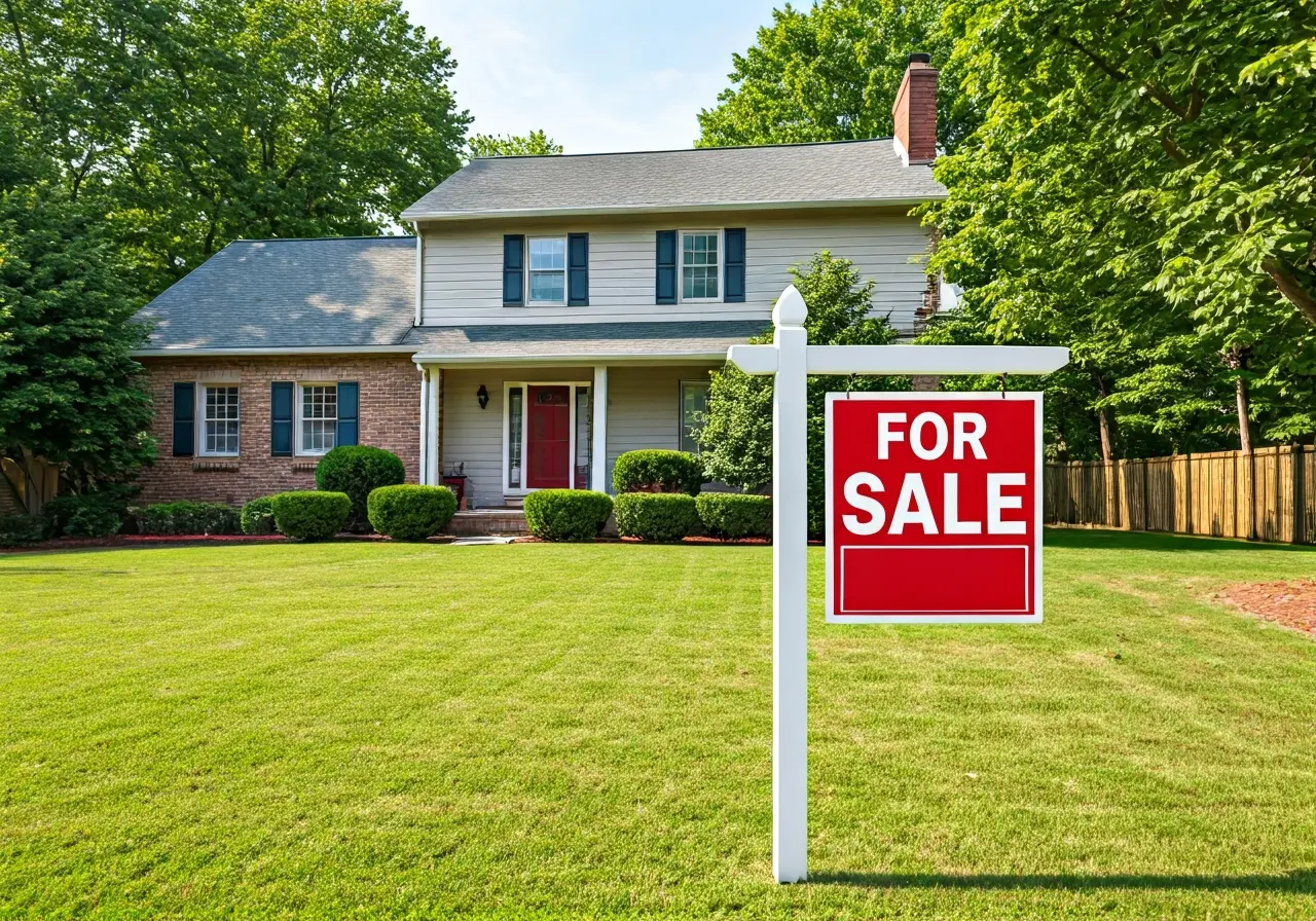 A house with a For Sale sign on the lawn. 35mm stock photo