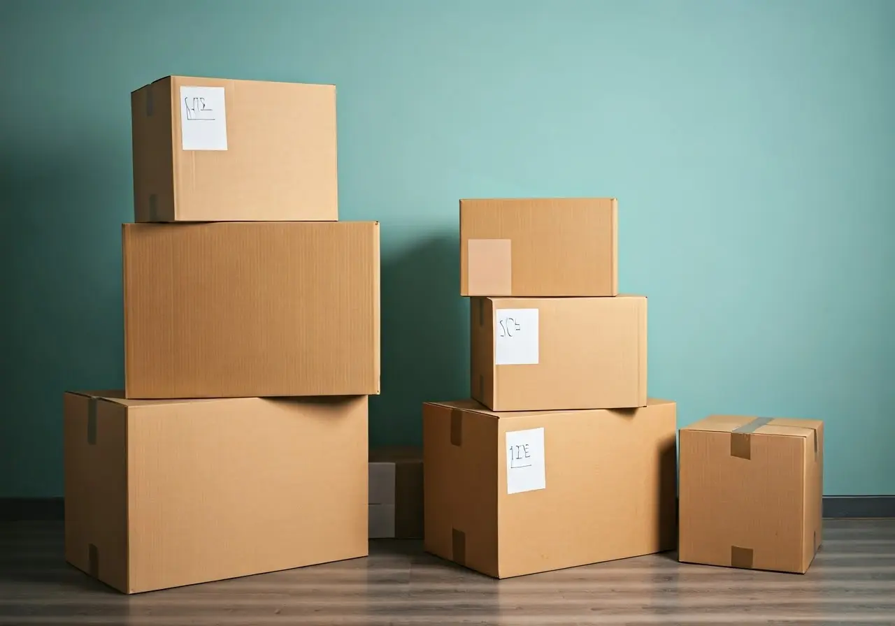 A stack of neatly labeled moving boxes in a room. 35mm stock photo