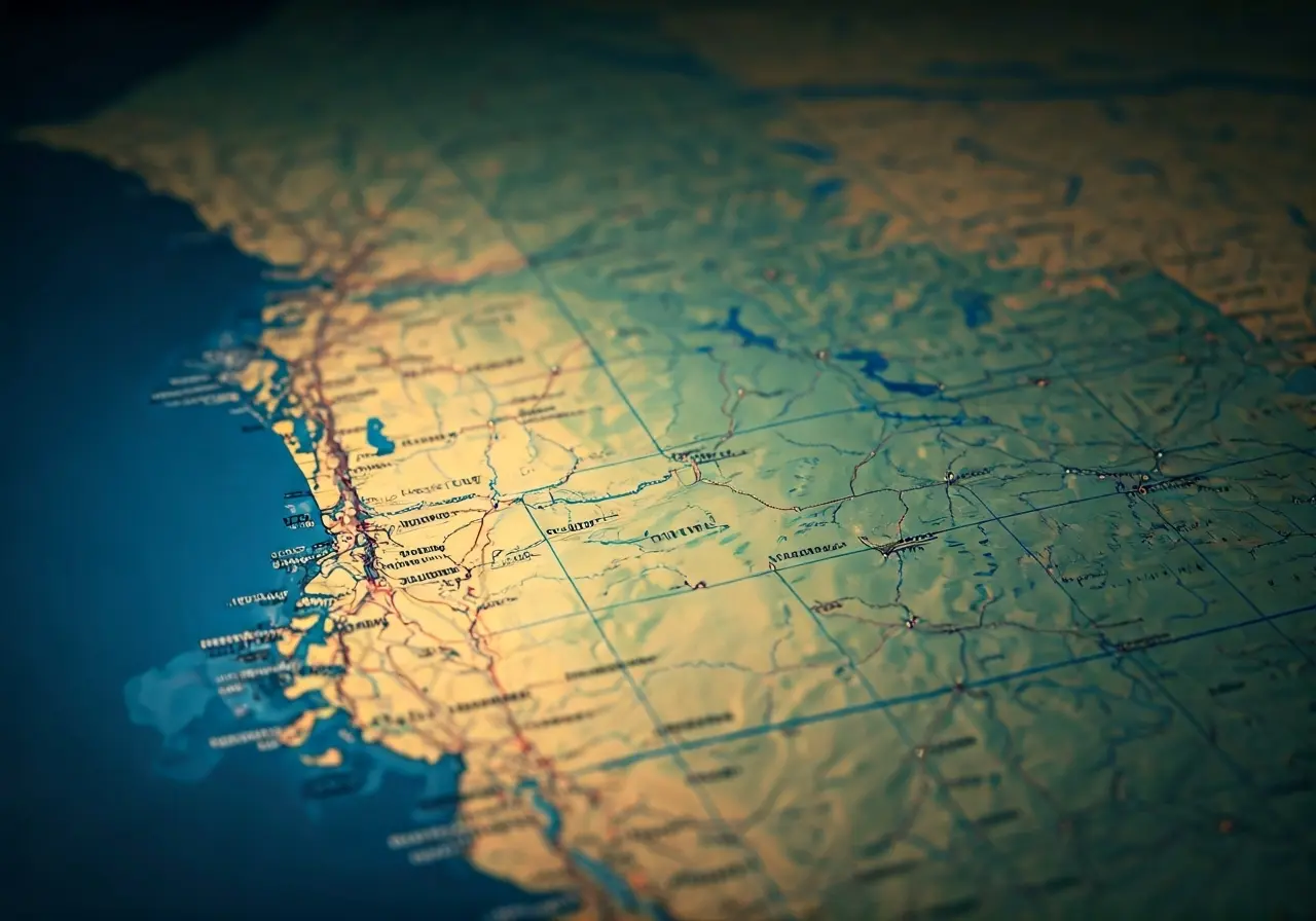 Cybersecurity icons over a map of the Pacific Northwest. 35mm stock photo
