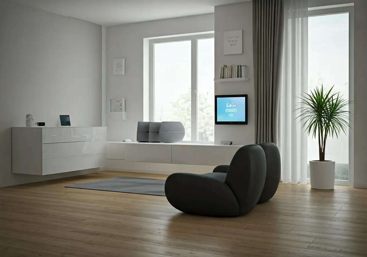 A sleek, modern home filled with various smart gadgets. 35mm stock photo