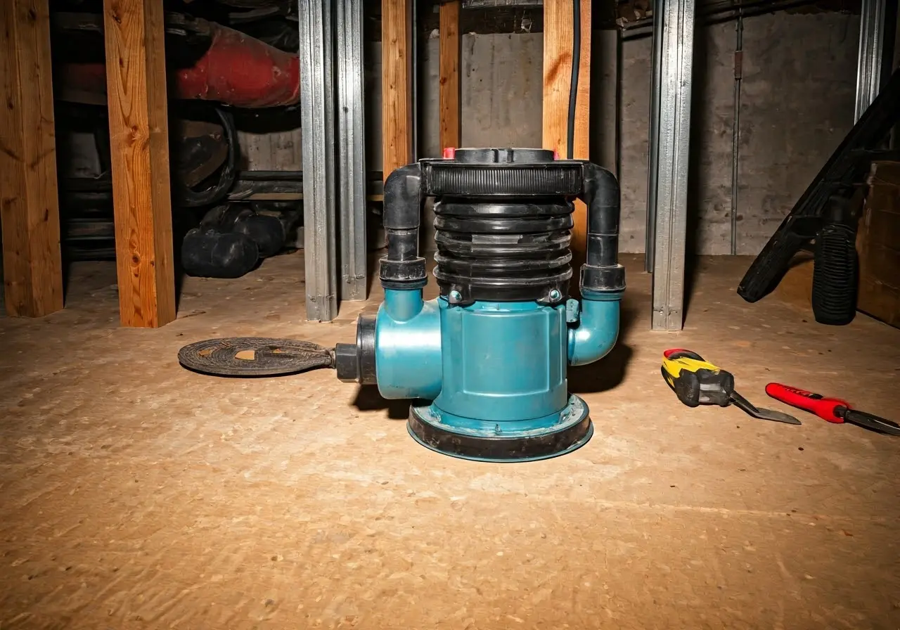 A sump pump in a basement with maintenance tools nearby. 35mm stock photo