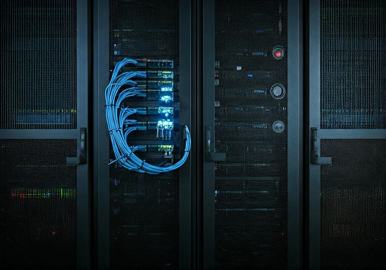 A secure server room with glowing network cables and locks. 35mm stock photo