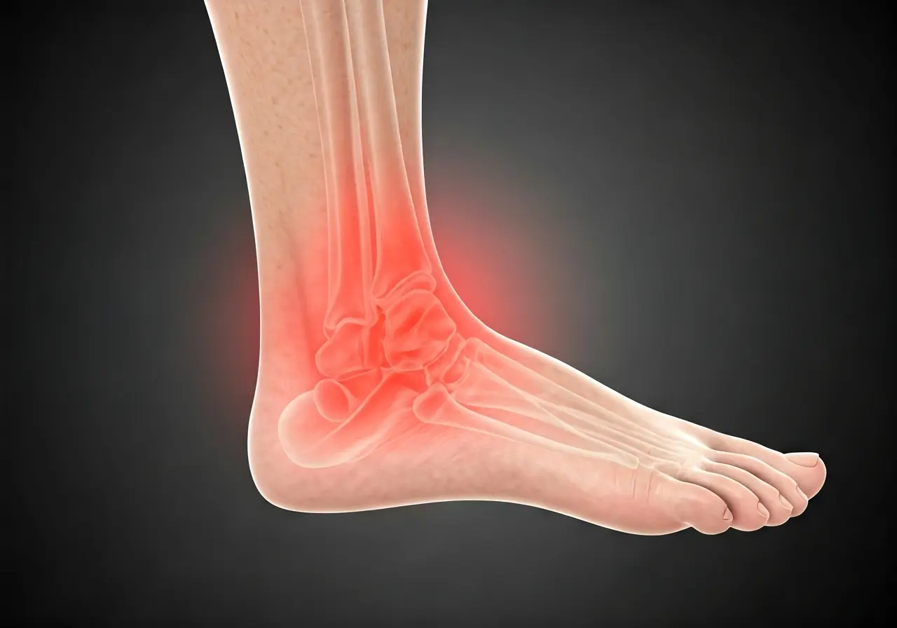Image of a foot with a red highlighted pain area. 35mm stock photo