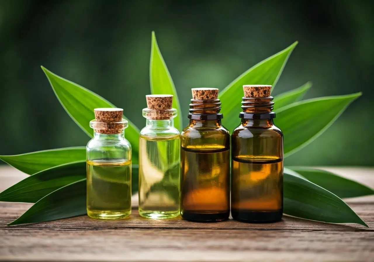 Bottles of essential oils surrounded by fresh, green leaves. 35mm stock photo