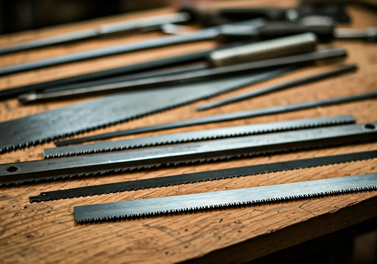 A close-up of various saw blades on a workbench. 35mm stock photo