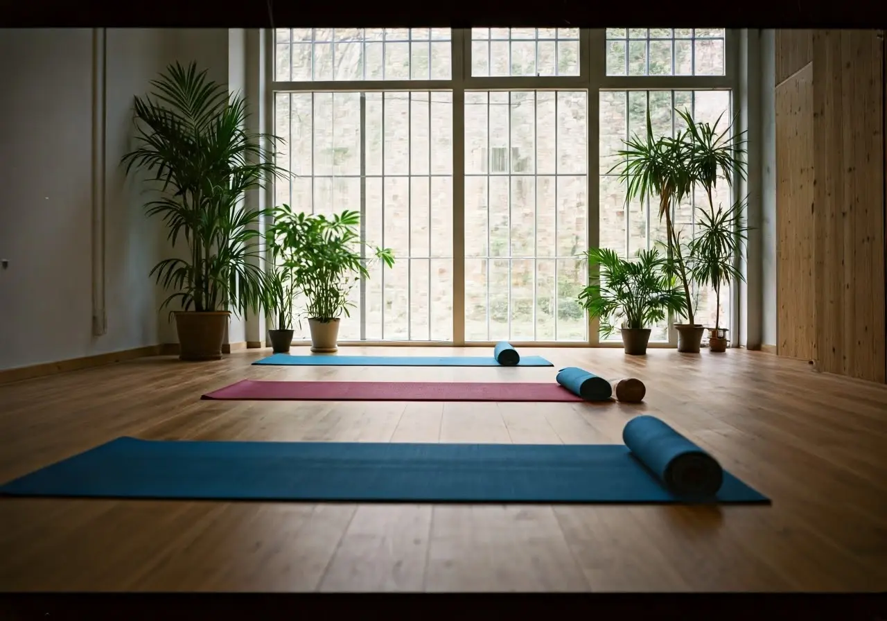 A serene yoga studio with colorful mats and plants. 35mm stock photo