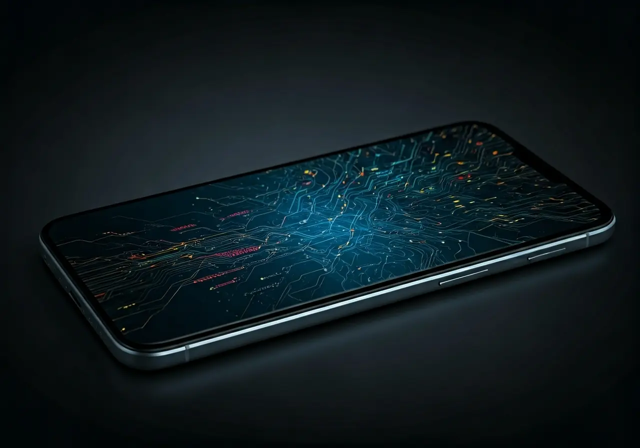 An illustration of a smartphone with tangled code lines. 35mm stock photo