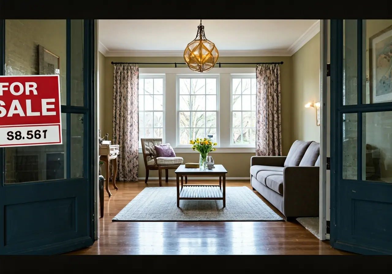 A cozy living room with a For Sale sign outside. 35mm stock photo