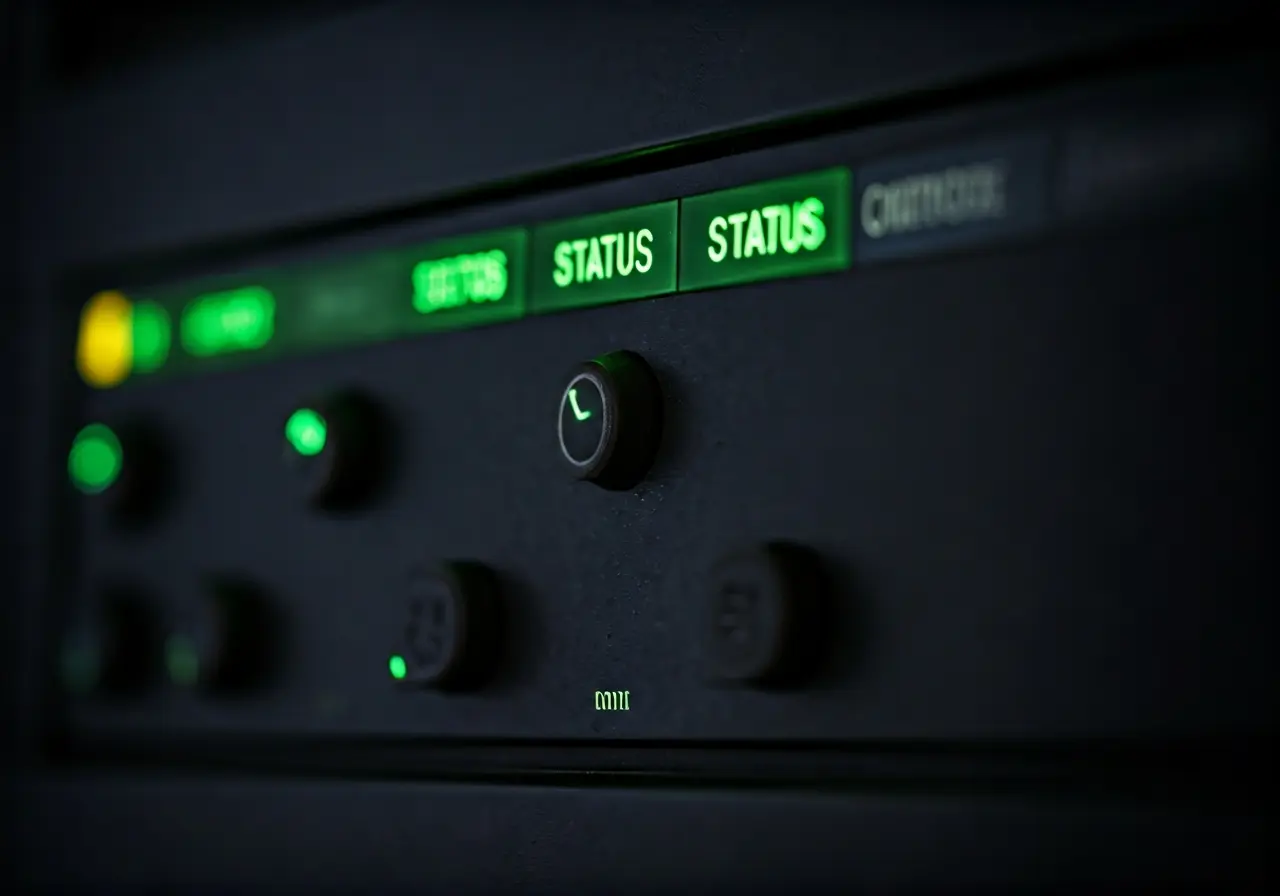 A security control panel with glowing status indicators. 35mm stock photo