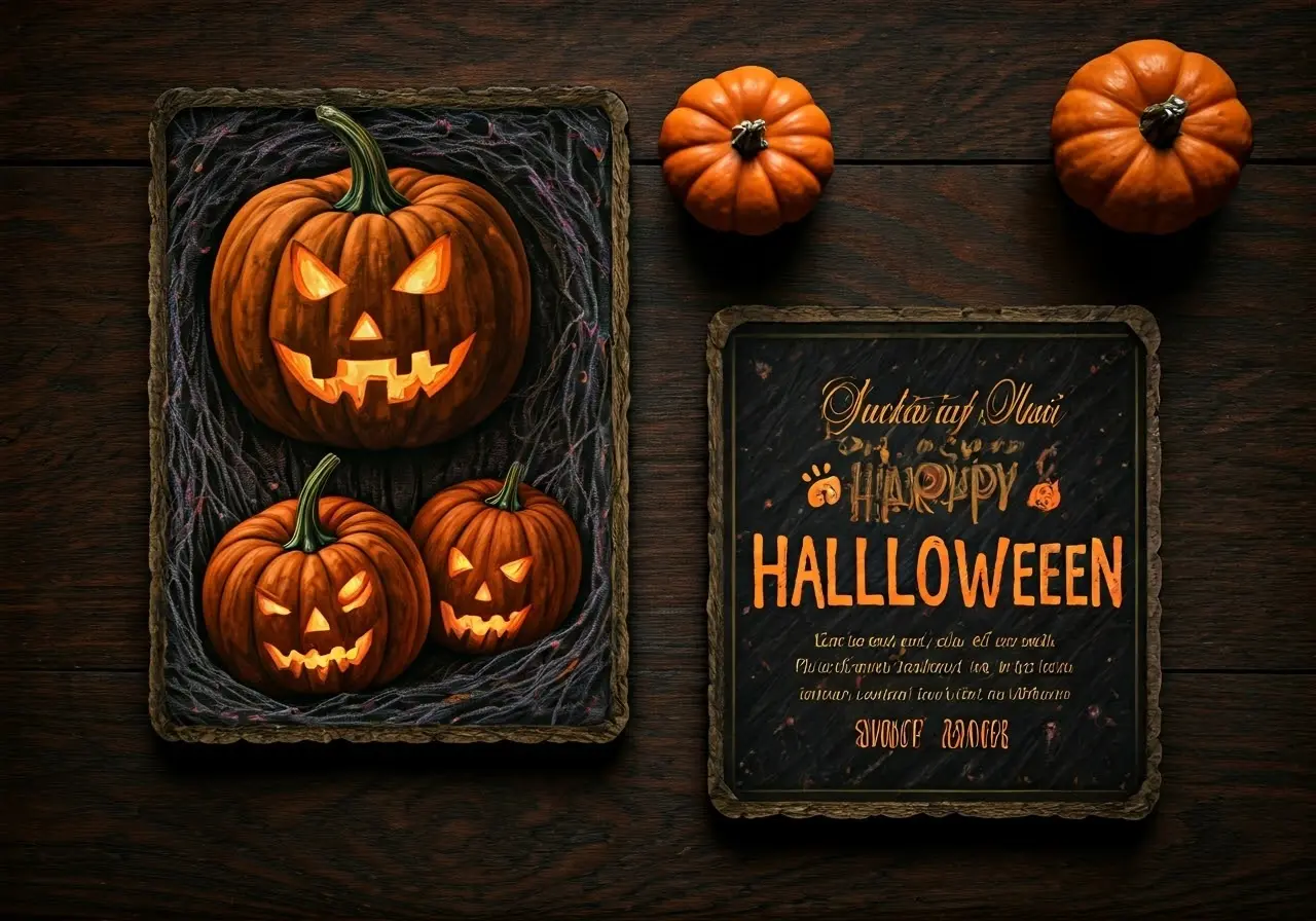 Colorful Halloween invitations with pumpkins and spooky-themed illustrations. 35mm stock photo