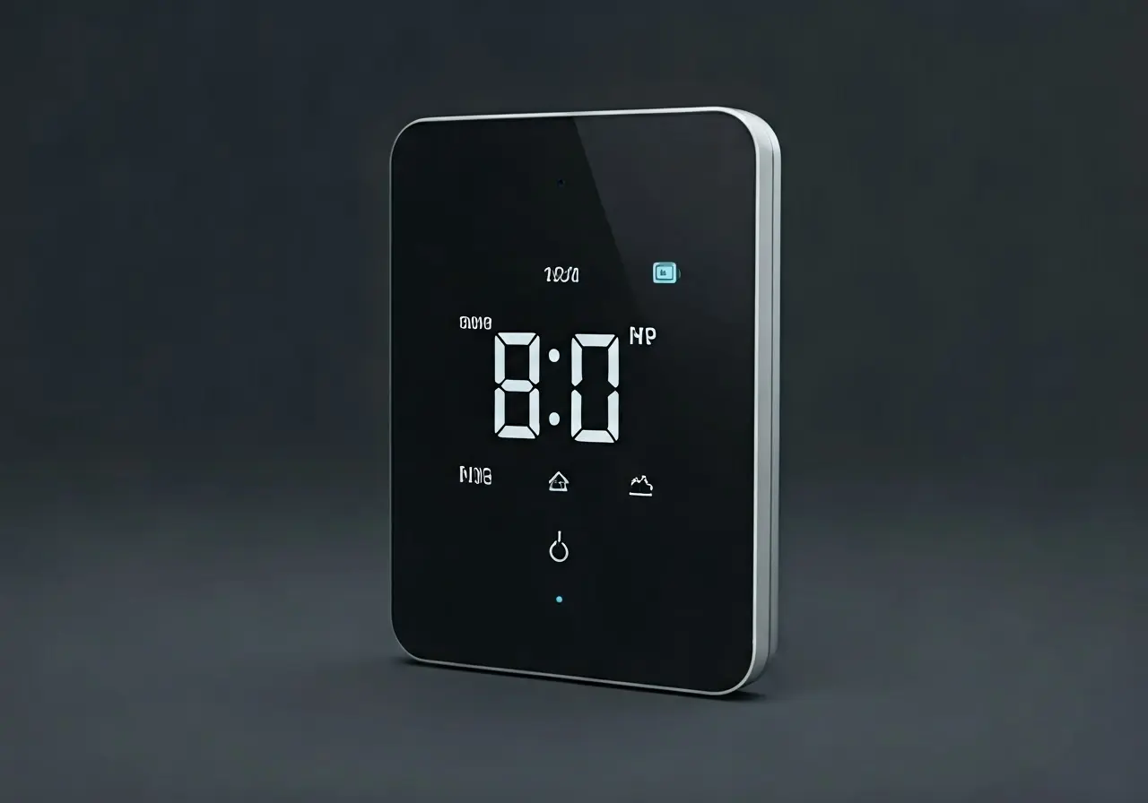 Image of a smart thermostat with a digital display. 35mm stock photo