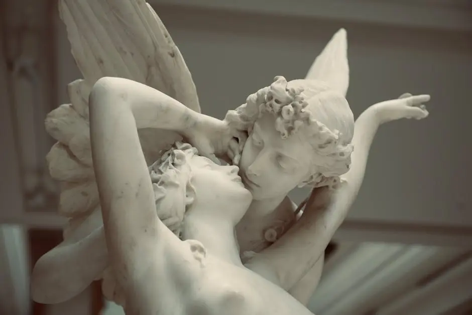 Elegant marble sculpture depicting the tender embrace of Cupid and Psyche.