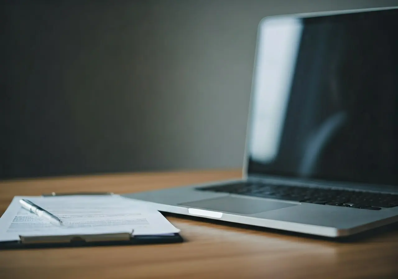 A laptop displaying a telehealth consultation with insurance documents. 35mm stock photo