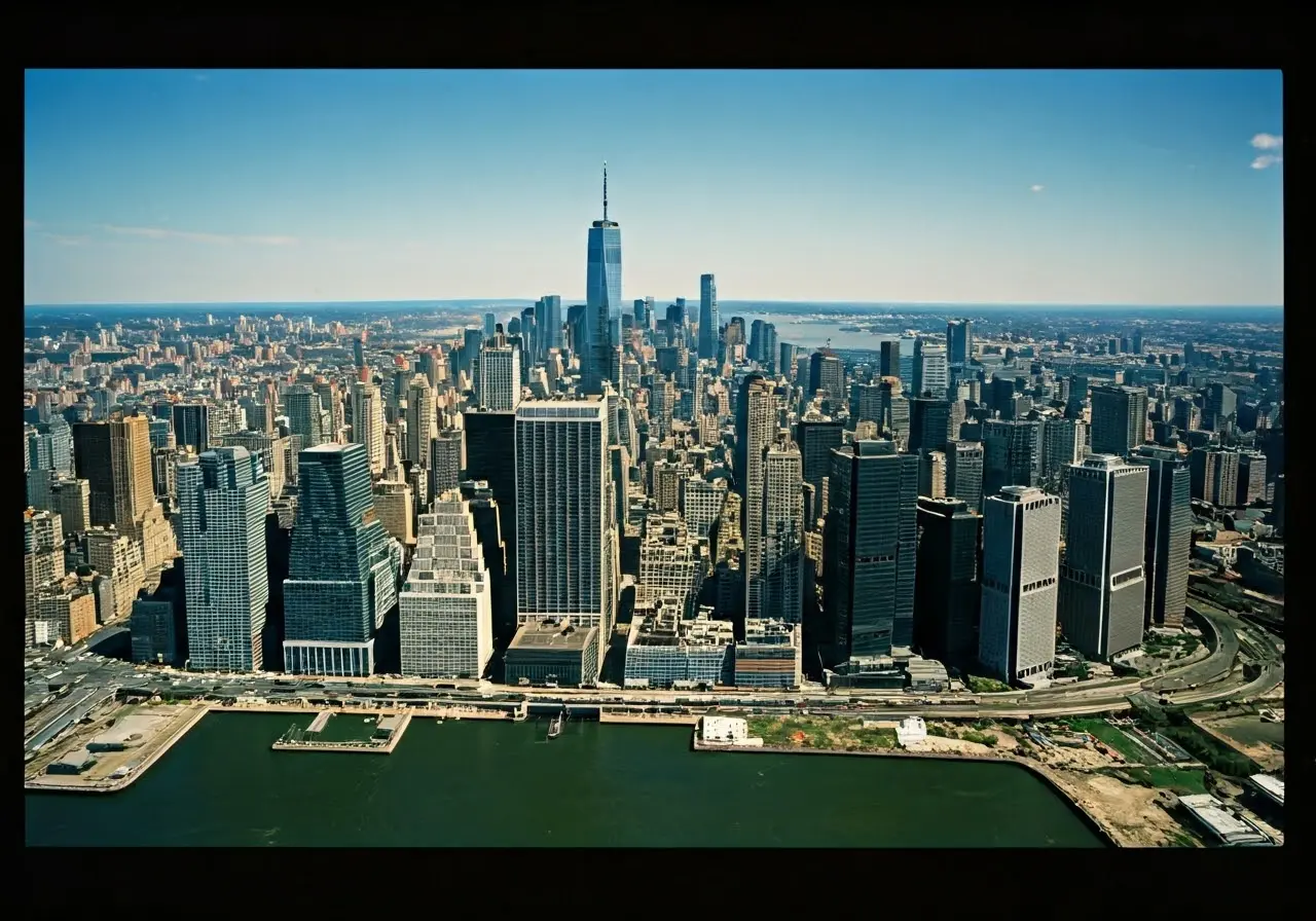 Aerial view of Manhattan skyline highlighting modern skyscrapers. 35mm stock photo