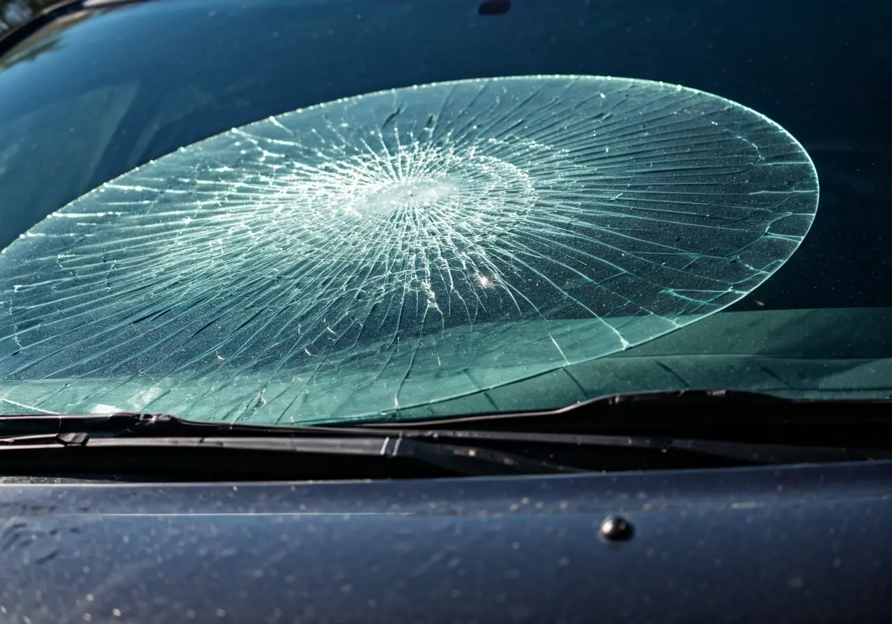 A close-up of a cracked car windshield in sunlight. 35mm stock photo