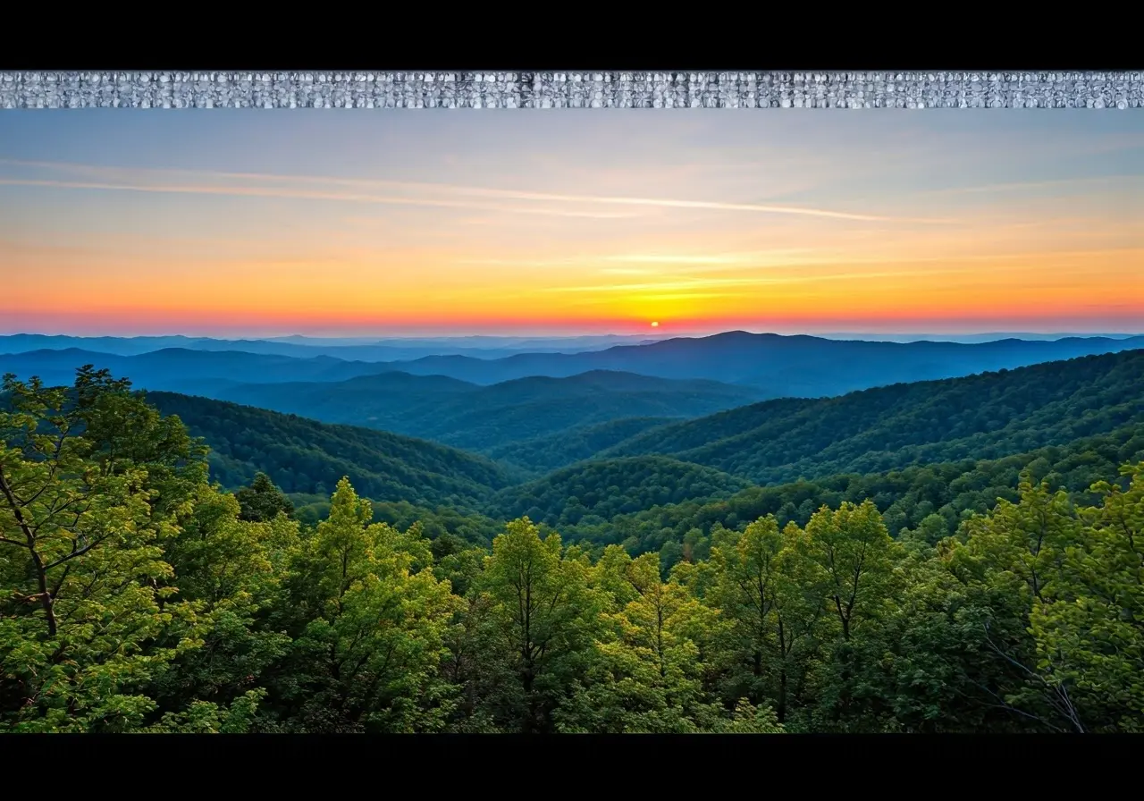 A serene landscape of North Georgia mountains at sunrise. 35mm stock photo