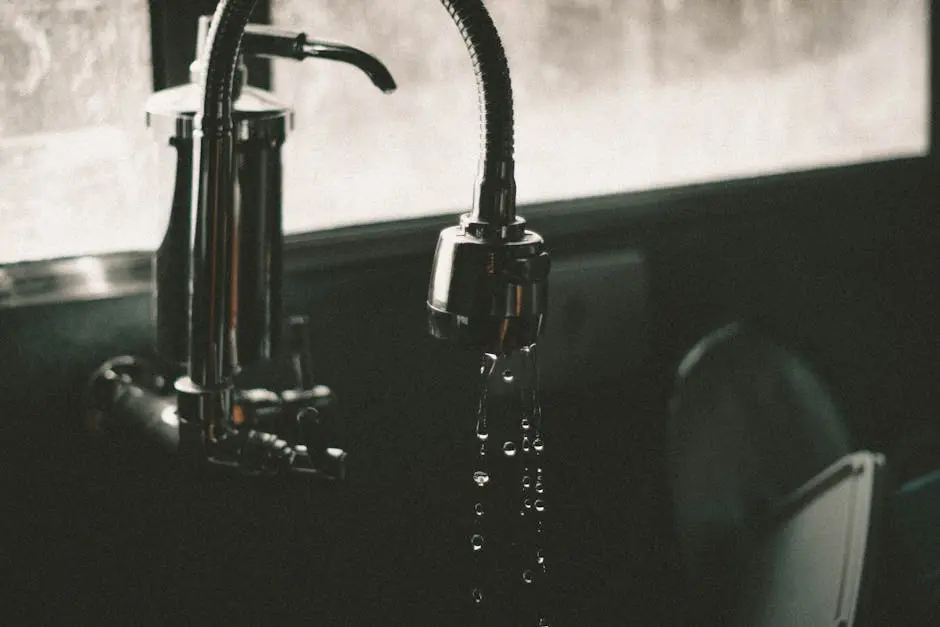 Close-up of a kitchen faucet with water droplets falling into the sink, captured in a minimalist style.