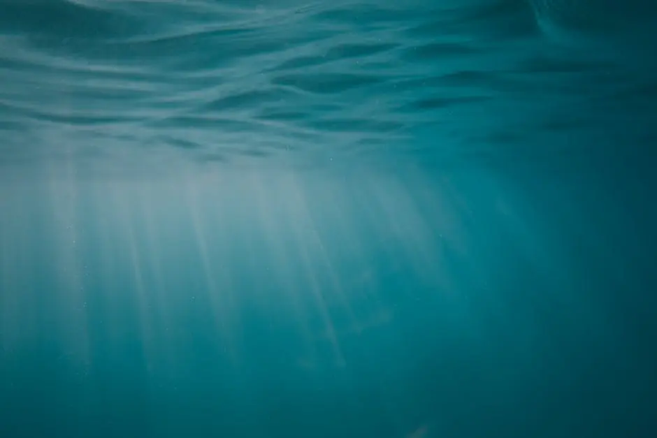 Calm underwater scene with sun rays penetrating the sea surface, creating a tranquil effect.