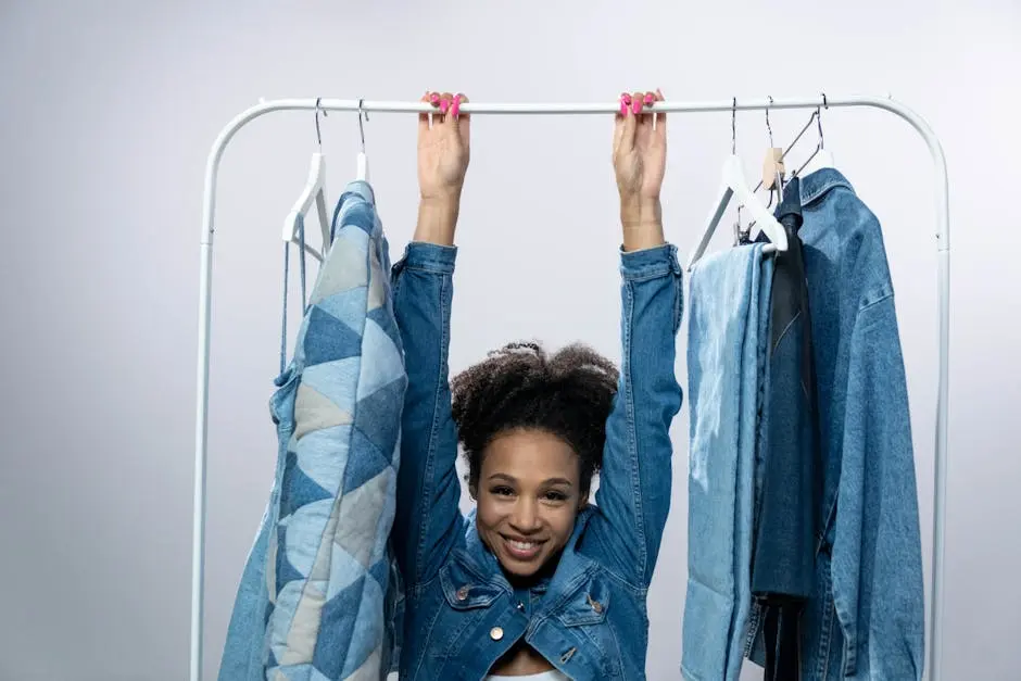 Cheerful woman in denim jacket hanging from a clothing rack.