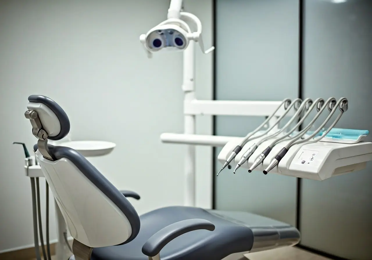 A dental chair with tools in a bright, clean clinic. 35mm stock photo