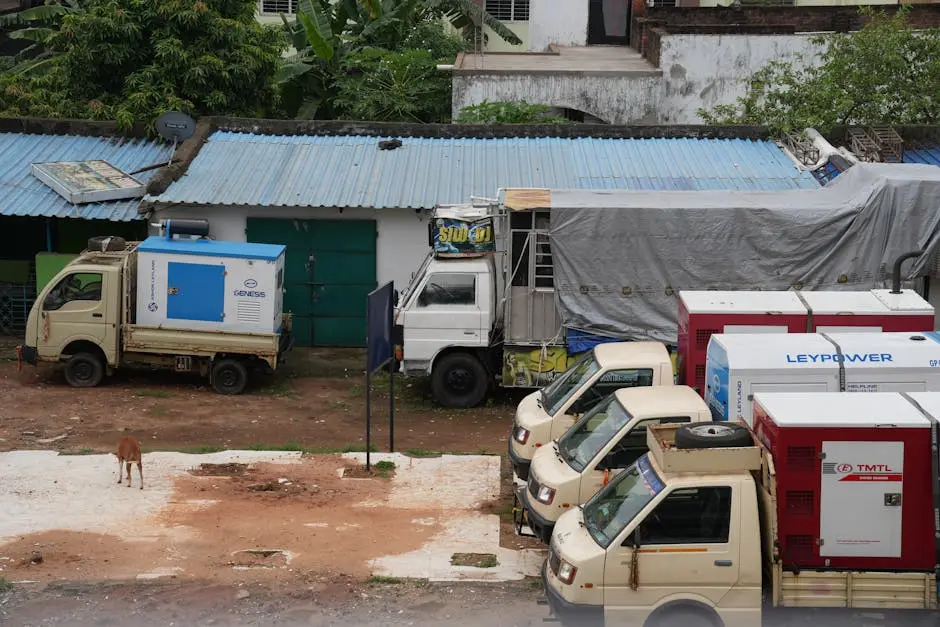 A row of parked utility trucks with generators beside a building outdoors.