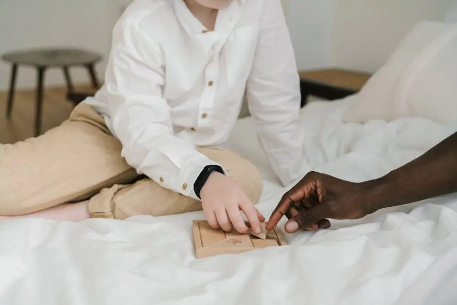 A child and adult interact over a wooden puzzle, fostering learning and connection.