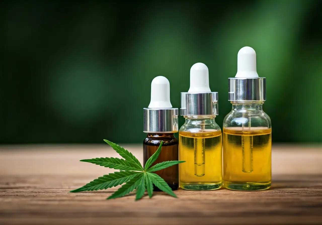 Bottles of CBD oil with molecular structure background. 35mm stock photo