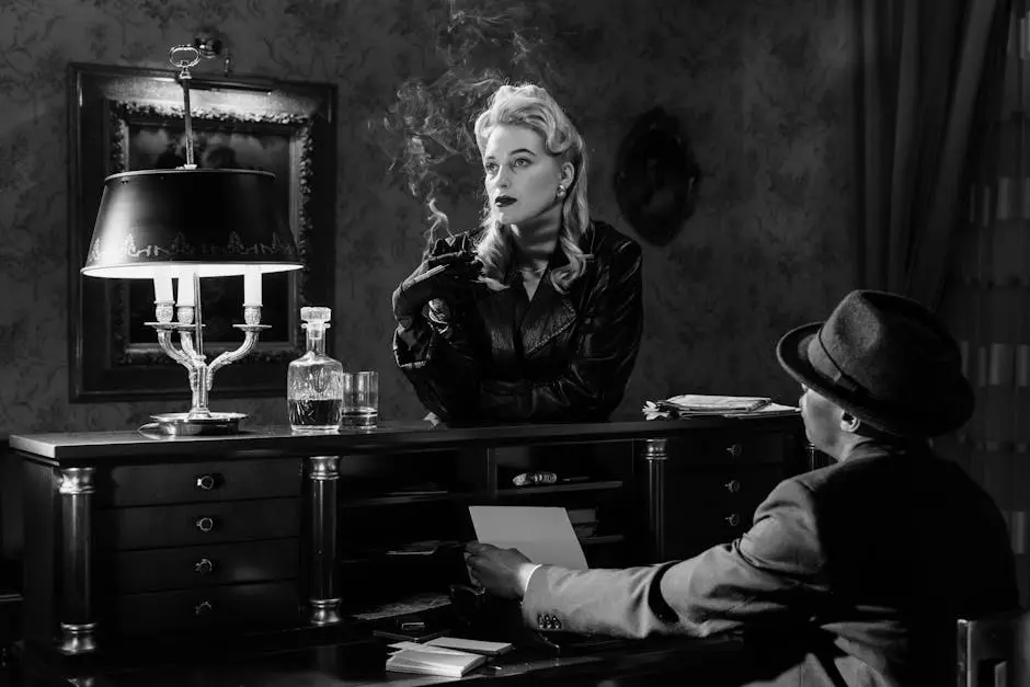 Vintage noir scene featuring a femme fatale and detective in classic setting, exuding mystery and allure.