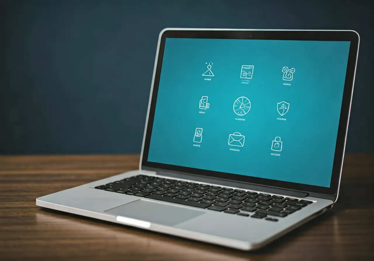 A laptop with career-related icons on the screen. 35mm stock photo