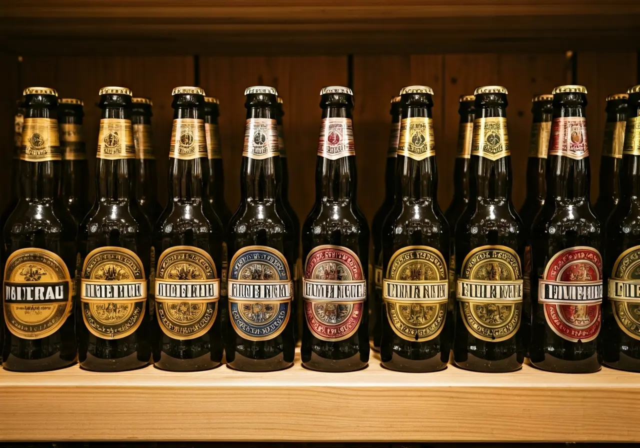 Rows of colorful non-alcoholic beer bottles on wooden shelves. 35mm stock photo