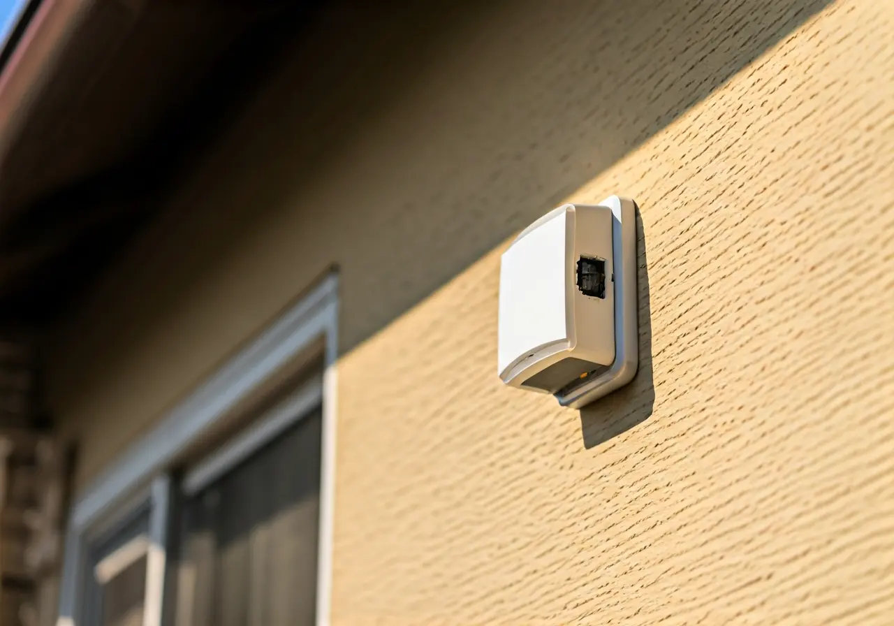 A house exterior showing a visible security alarm system. 35mm stock photo