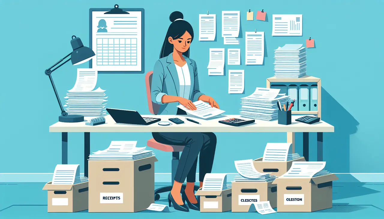 Draw a graphic in flat design style. A flat design illustration of a person organizing stacks of paperwork and receipts at a desk, symbolizing bookkeeping cleanup.