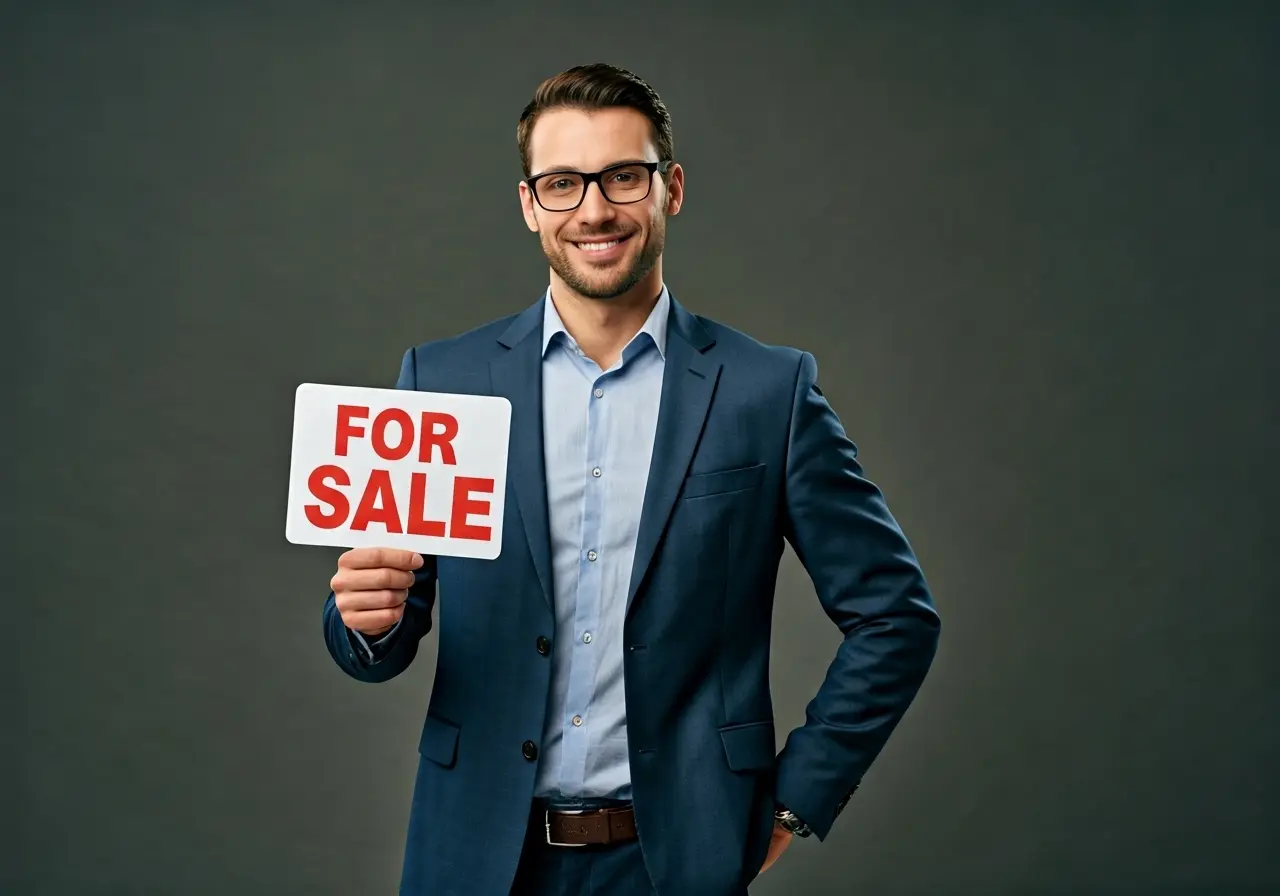A confident entrepreneur holding a For Sale sign. 35mm stock photo
