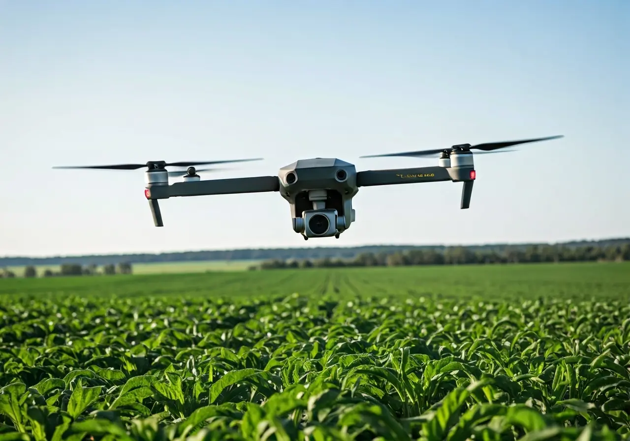 A DJI Agras drone flying over a crop field. 35mm stock photo