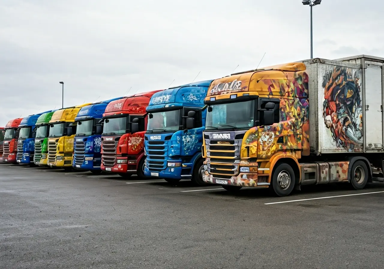 A fleet of trucks with colorful wraps in a parking lot. 35mm stock photo