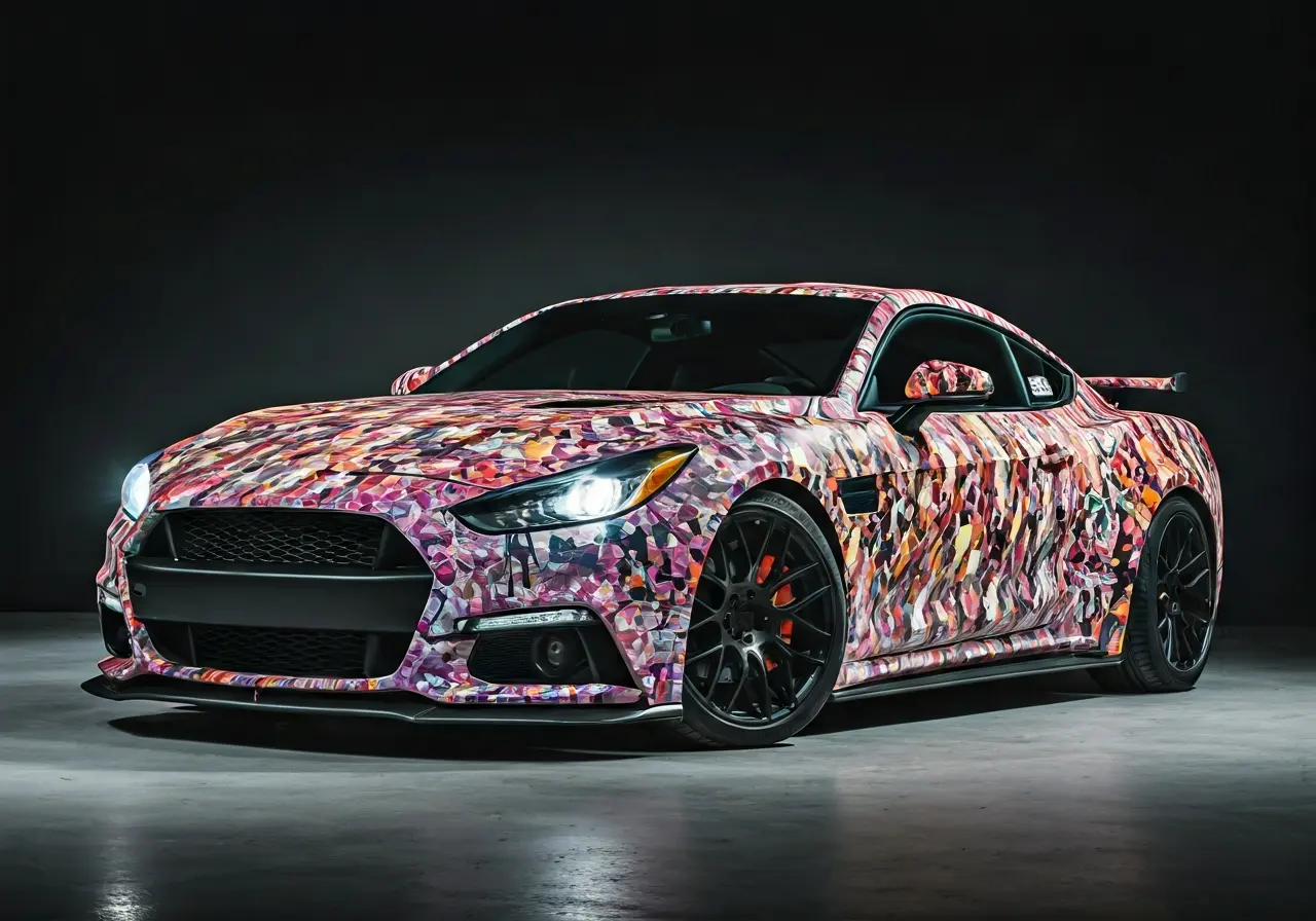 A close-up of a car with a vibrant custom wrap. 35mm stock photo