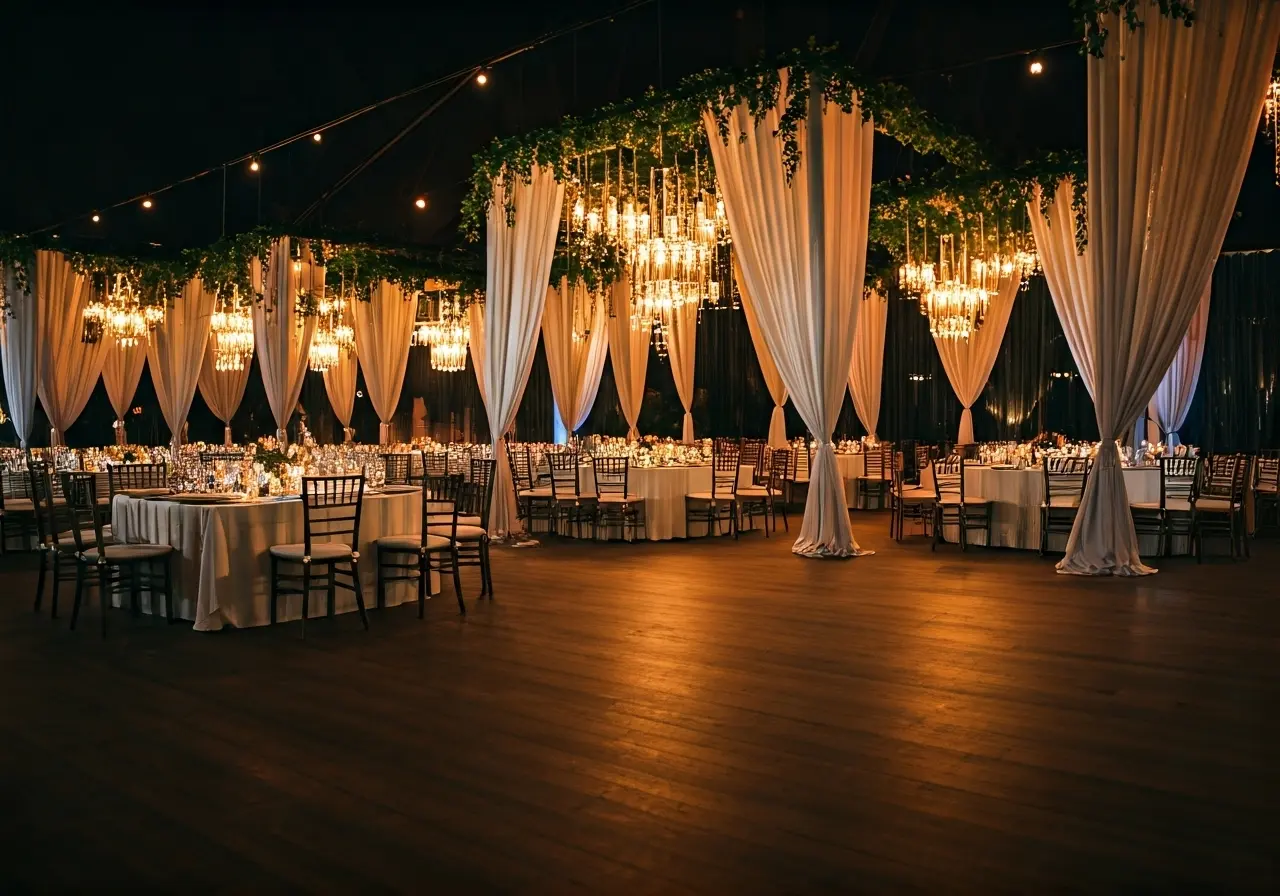 Elegant event setup with branded decor and ambient lighting. 35mm stock photo