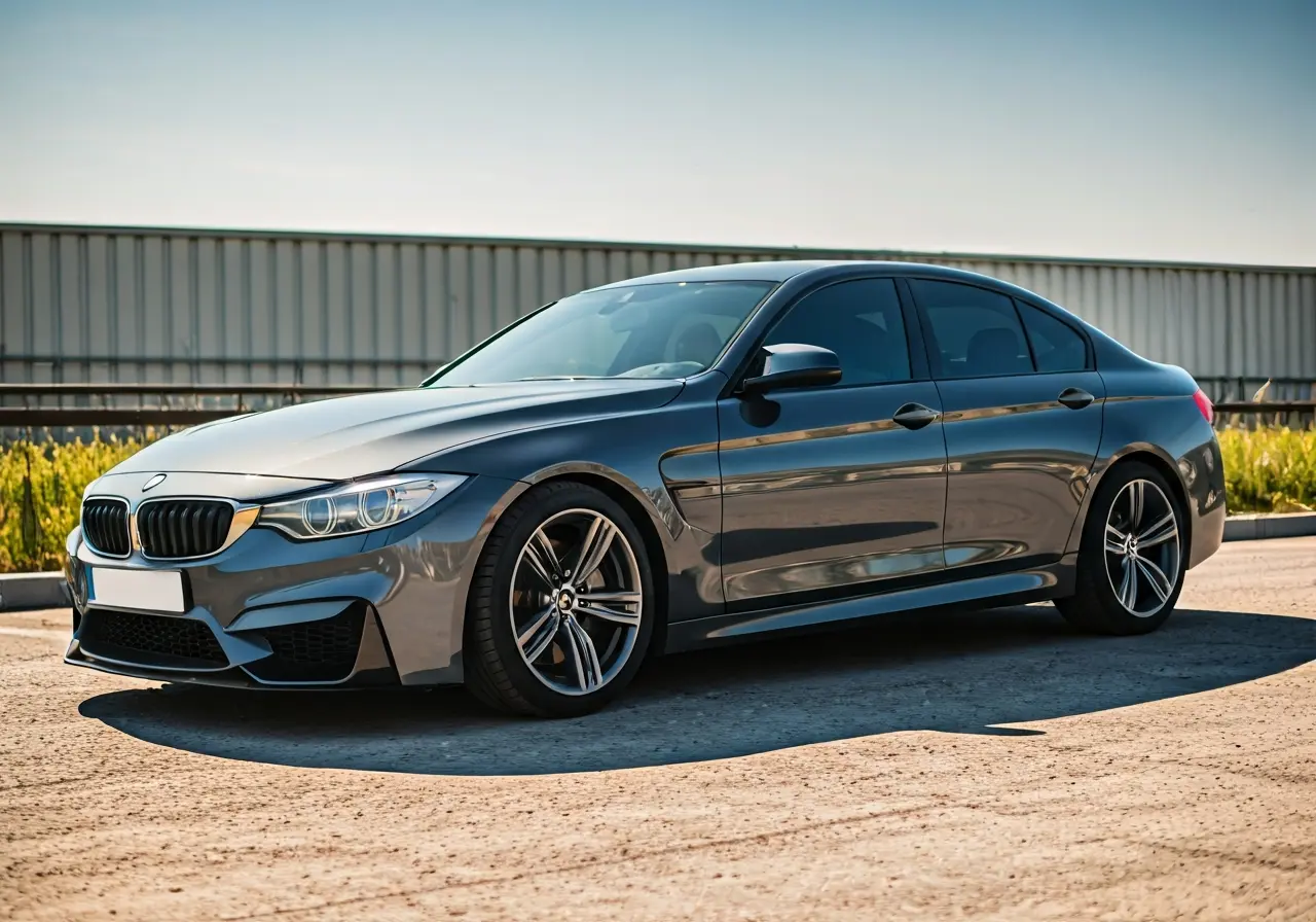 A sleek car with tinted windows parked under bright sunlight. 35mm stock photo