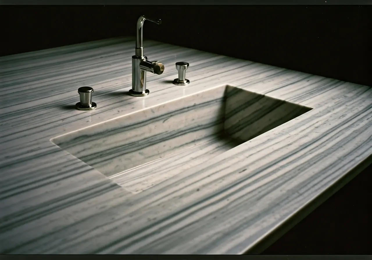A close-up of a sleek, polished marble kitchen sink. 35mm stock photo