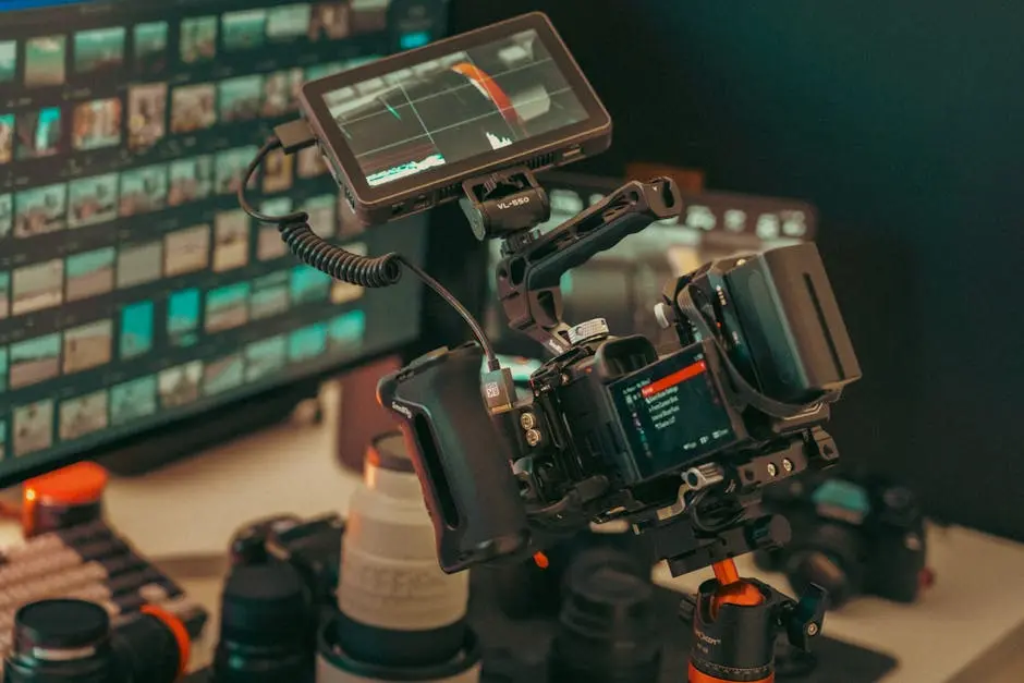 A professional video setup featuring a camera, monitor, and various gear, ready for studio filming.