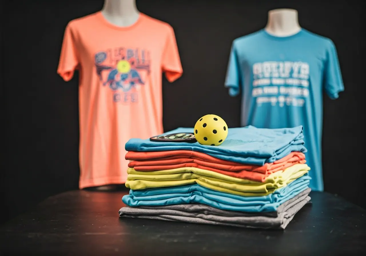 A collection of colorful pickleball-themed T-shirts on display. 35mm stock photo