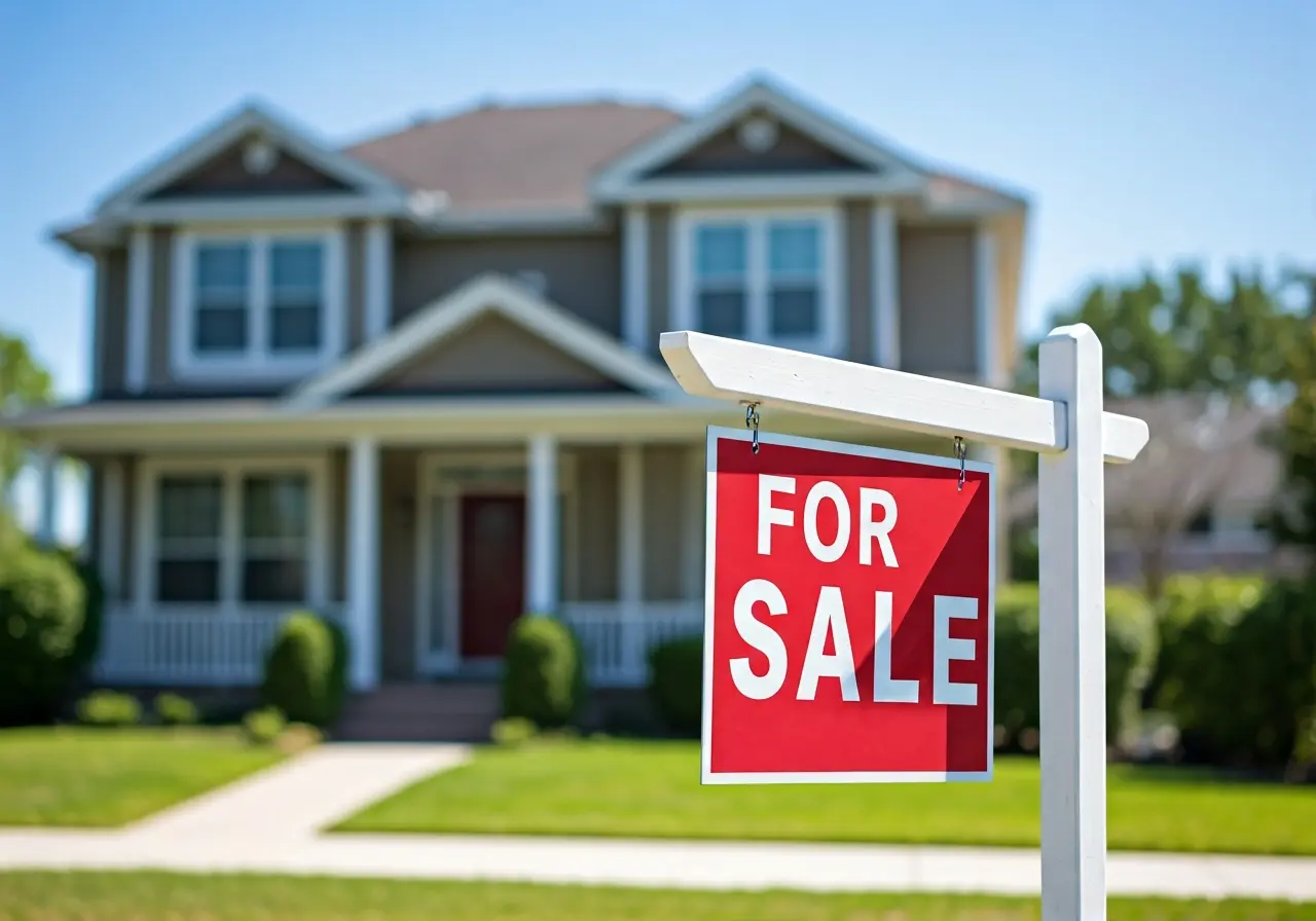 A for-sale sign in front of a quaint suburban house. 35mm stock photo