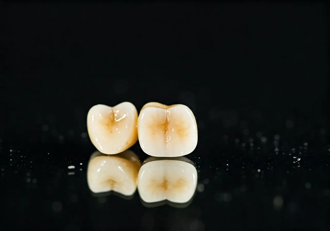A close-up of a shiny, broken dental crown on mirror. 35mm stock photo