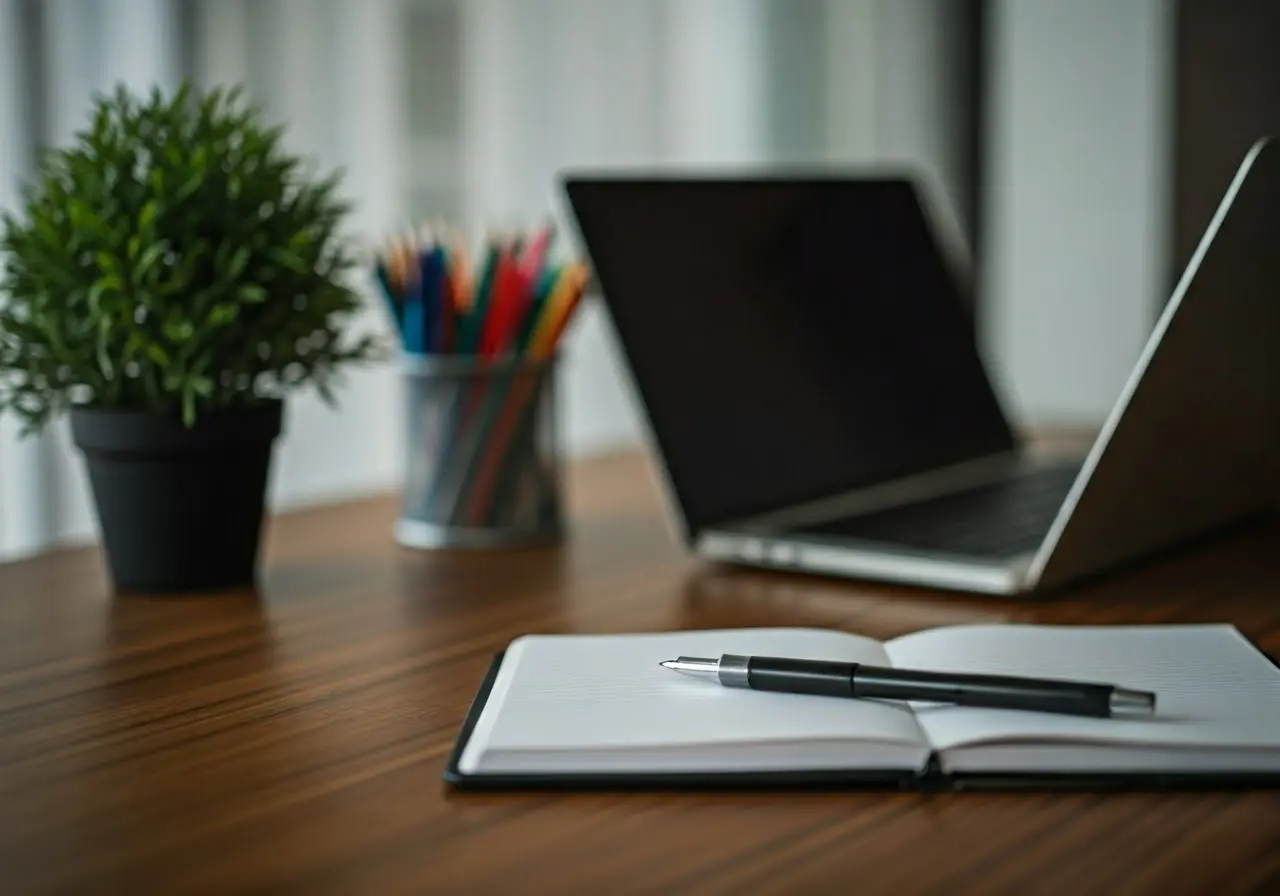 A well-organized workspace with a laptop and notepad. 35mm stock photo