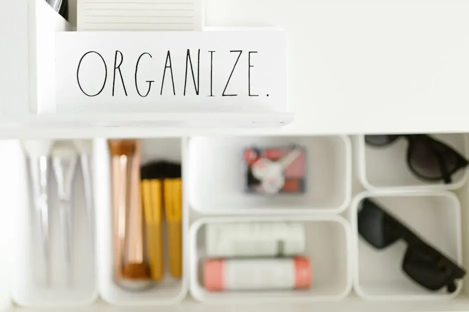 Stylish arrangement of makeup brushes, sunglasses, and accessories in white compartments with ‘Organize’ label.
