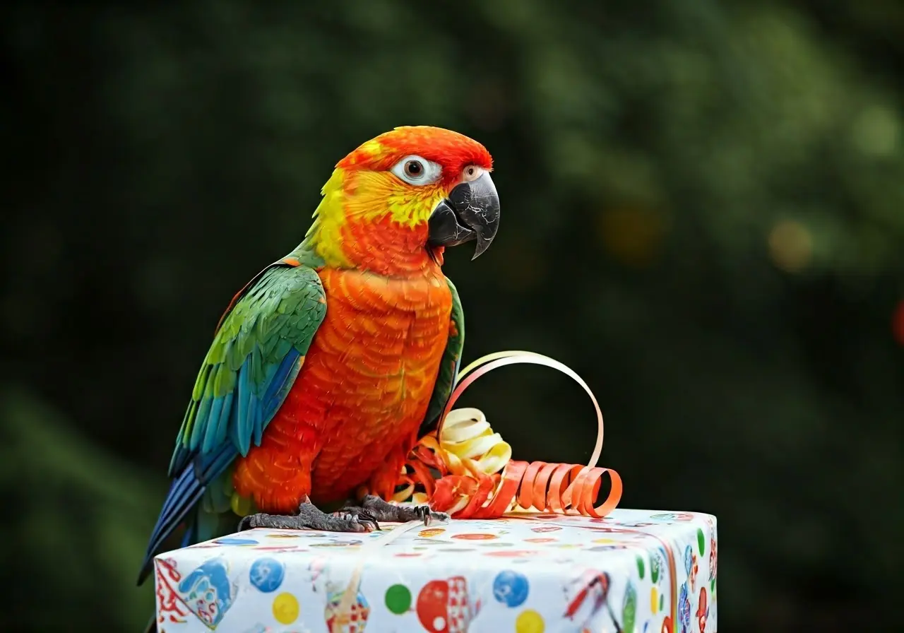 A colorful parrot perched on a decorated birthday gift. 35mm stock photo