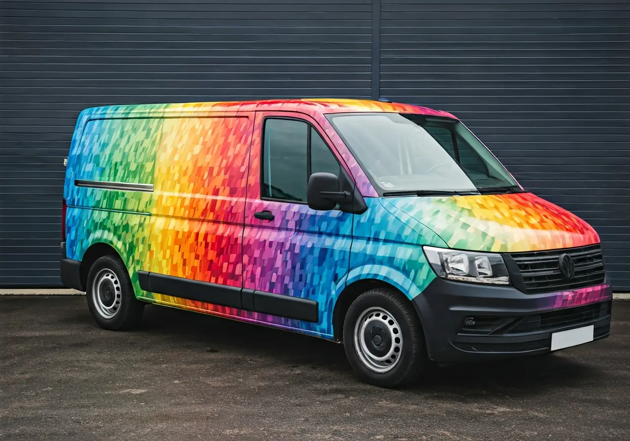 A colorful commercial van featuring an eye-catching vinyl wrap. 35mm stock photo